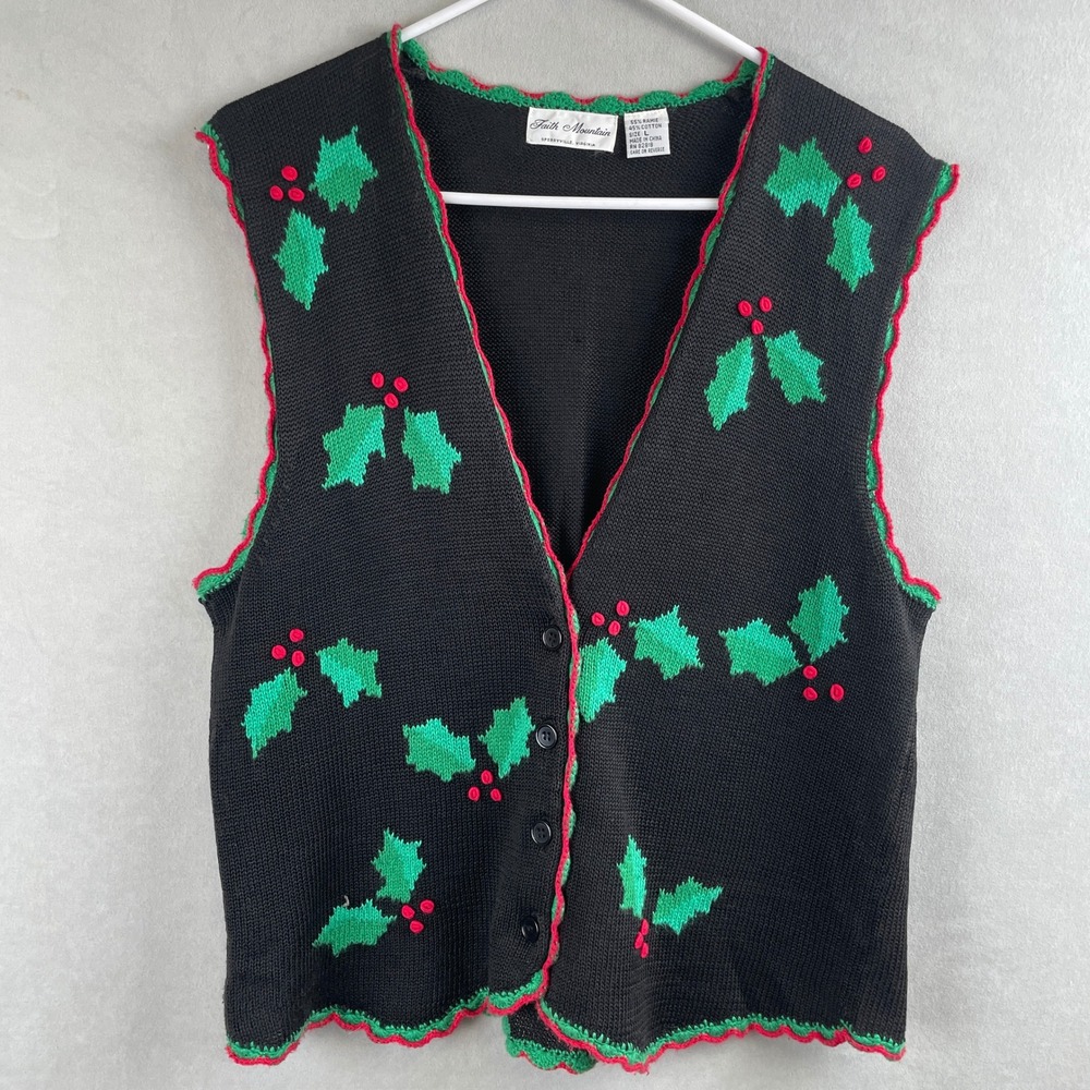 VTG Faith Mountain Christmas Sweater Vest L Holly Ramie Cotton Black Knit 90s